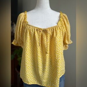Papaya Yellow Floral Puff Sleeve Blouse with Tie Front